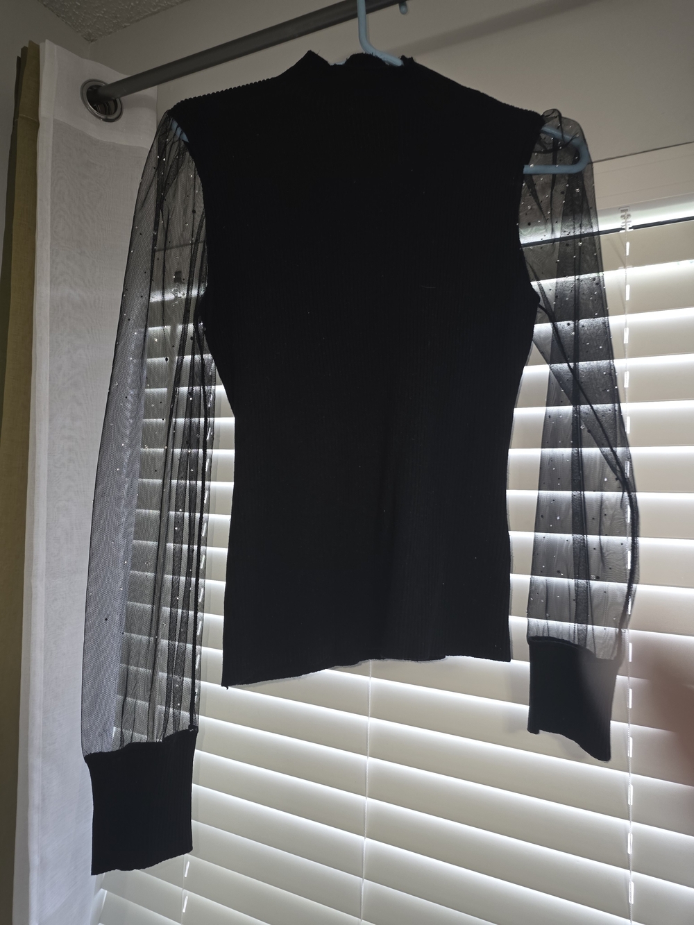 Almost Famous Black Ribbed Mock Neck Top with Sheer Polka Dot Sleeves